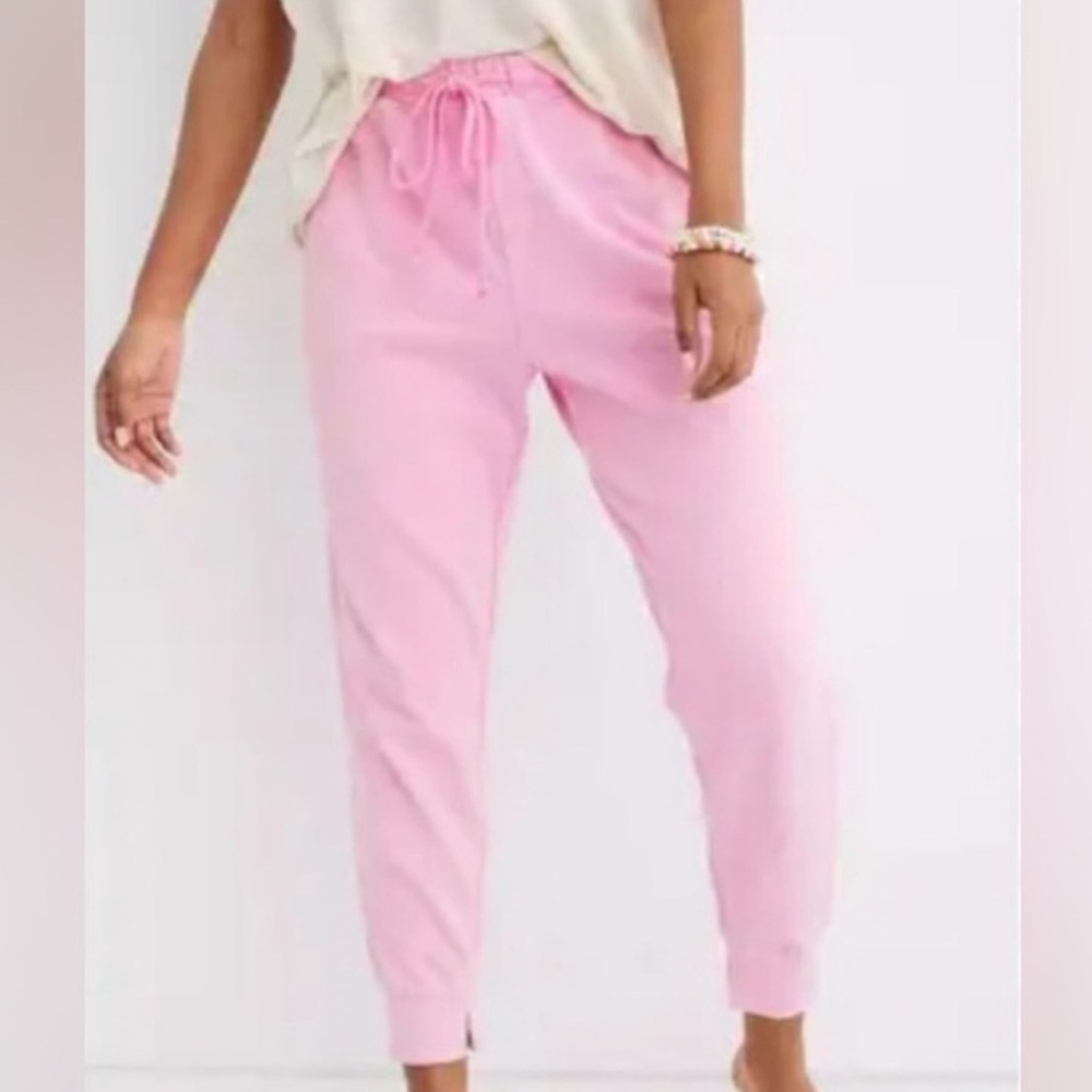 Aerie Women XS Pink Lounge High-Rise Slit Hem Drawstring Sunrise Fleece Joggers